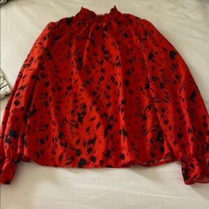 SHEIN Red and Black Puff Sleeve Blouse with Mandarin Collar